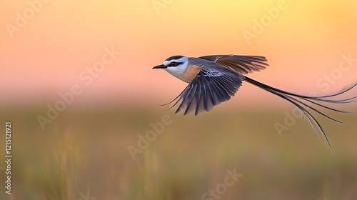 Scissortailed Flycatcher Tyrannus forficatus phylum Chordata class Aves order Passeriformes family Tyrannidae midflight above grassy plain its long tail feathers trailing under a pastel sunset photo