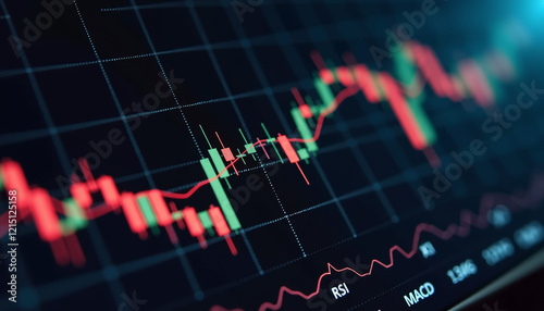 High-detail technical chart featuring candlestick chart with RSI and MACD indicators on black background with grid