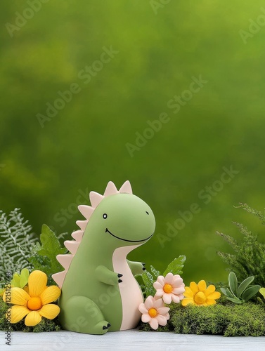 Adorable Green Dinosaur Figurine - A cute green dinosaur figurine sits amidst yellow and pink flowers and green foliage, creating a charming scene. photo