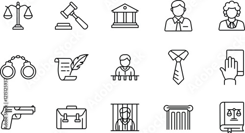 "Law and Justice Icon Set: Legal, Judgement, and Investigation Symbols"