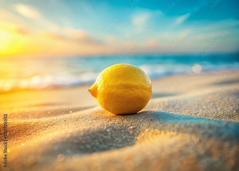 Minimalist Beach Lemon: Sun-Kissed Citrus on Golden Sand, Selective Focus Minimalist Beach Lemon: Sun-Kissed Citrus on Golden Sand, Selective Focus