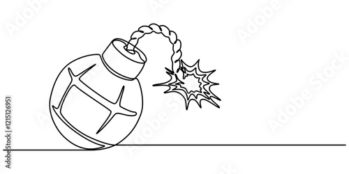 bomb object war old one line art design vector, Bomb with burning fuse continuous one line drawing, Continuous line drawing of dynamite with burning wick. TNT explosion concept in minimalist style.
