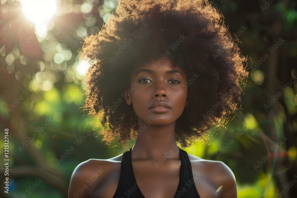 Model posing with big afro hair in a natural environment with sunlight