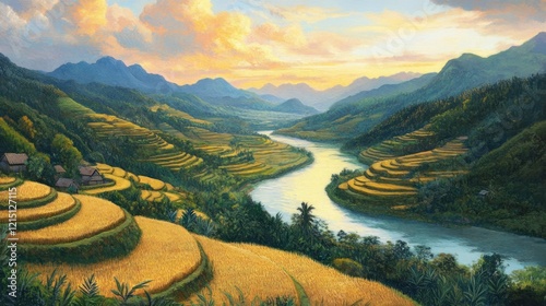 Sunset over terraced rice paddies, river valley