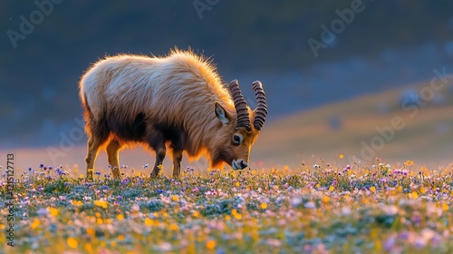 Takin Budorcas taxicolor phylum Chordata class Mammalia order Artiodactyla family Bovidae grazing a Himalayan meadow its stocky frame glowing in dawns soft light amidst wildflowers photo