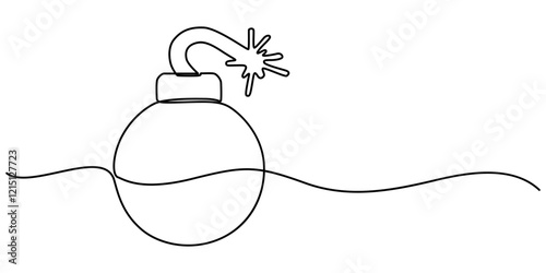 bomb object war old one line art design vector, Bomb with burning fuse continuous one line drawing, Continuous line drawing of dynamite with burning wick. TNT explosion concept in minimalist style.