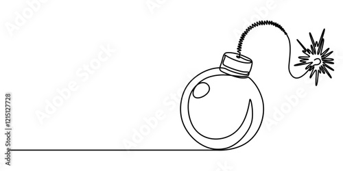 bomb object war old one line art design vector, Bomb with burning fuse continuous one line drawing, Continuous line drawing of dynamite with burning wick. TNT explosion concept in minimalist style.