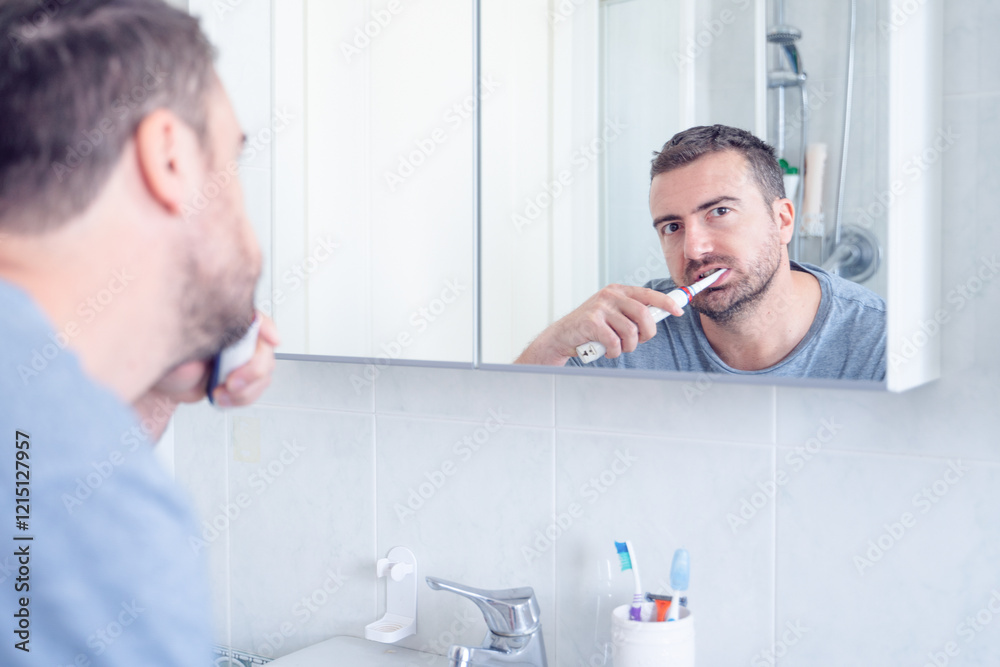 Fototapeta premium One man doing oral hygiene using electric toothbrush