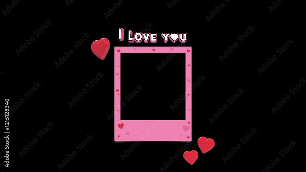 I Love You Valentine's Day Title Loop On Instant Photo Frame With 3D Floating Hearts On Alpha Background