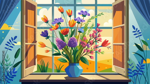 A bouquet of wildflowers on a windowsill against an open window. The concept of home comfort and freshness.