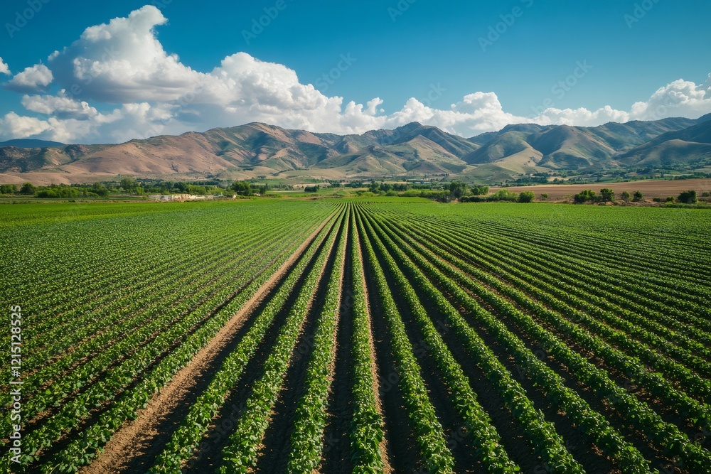 Long rows of crops growing in a field with mountains and cloudy sky Long rows of crops growing in a field with mountains and cloudy sky