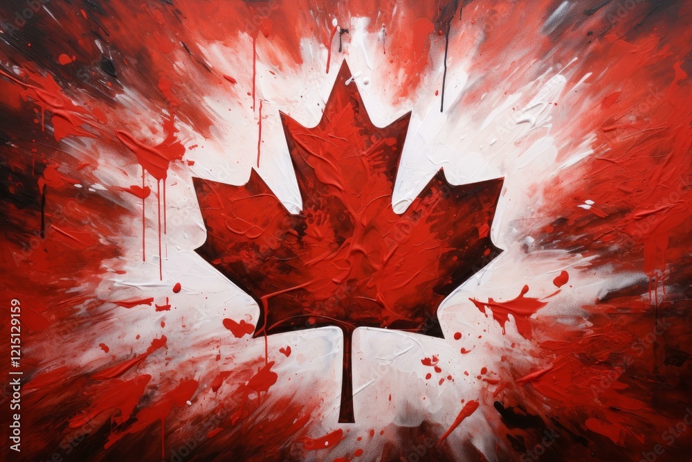 Εκτύπωση καμβά Textured painting of a red maple leaf, an emblem of canada, set against a dynami