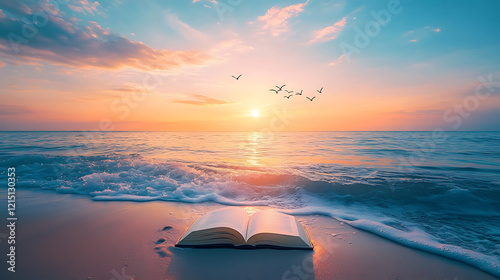 Open book on the beach at sunset with seagulls flying over the sea