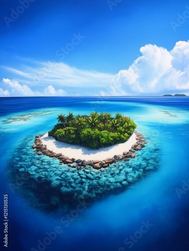 Birds-eye View Tropical Island Paradise - Serene tropical island, pristine beach, lush palm trees, vibrant coral reef, idyllic escape.  Symbolising paradise, tranquility, beauty, nature, escape.