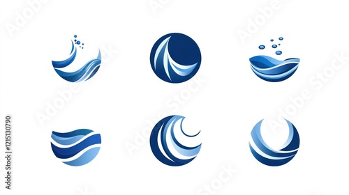 Six abstract blue wave logo designs; water, ocean, nature, design, concept