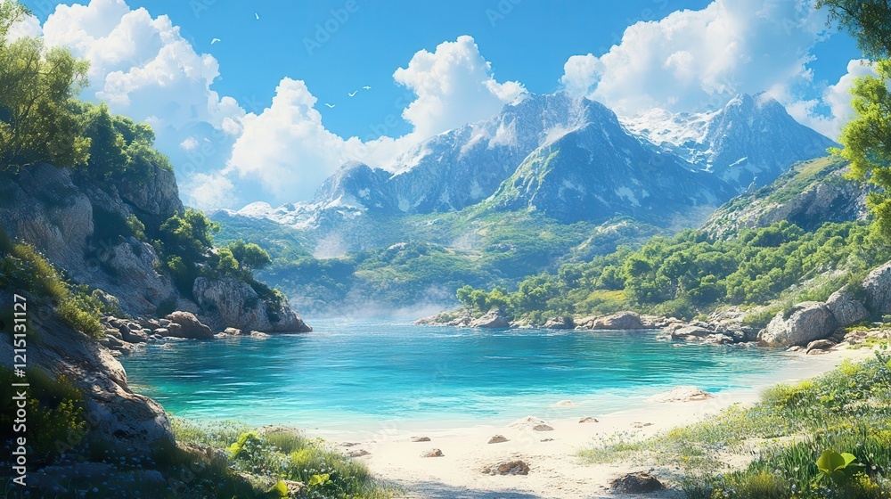 Lush bay with diverse coastal plants, sandy beaches, and rocky outcrops, offering a tranquil atmosphere Lush bay with diverse coastal plants, sandy beaches, and rocky outcrops, offering a tranquil atmosphere
