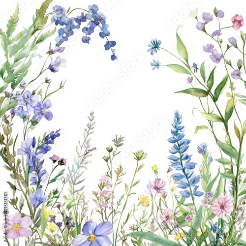 Vibrant Watercolor Wildflower Border. Hand-Illustrated Summer Blooms Encasing a Blank Canvas
