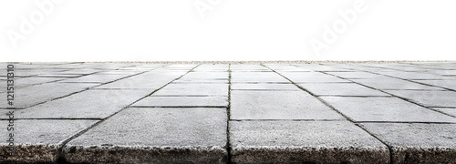 Paved sidewalk with textured stone tiles, isolated on transparent cutout background
