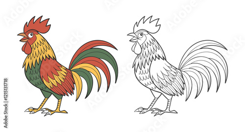 Rooster. Cute farm poultry. Illustration and Coloring Page. Coloring book for children and adults. 