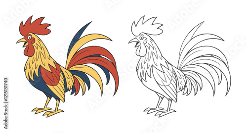 Rooster. Cute farm poultry. Illustration and Coloring Page. Coloring book for children and adults. 