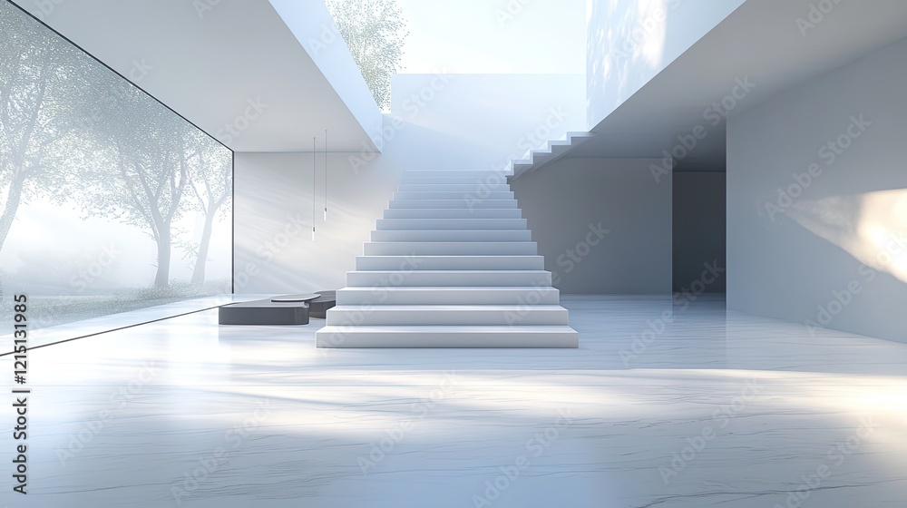 Fototapeta premium Modern interior space featuring large glass windows that provide natural light and a view of green landscaping.