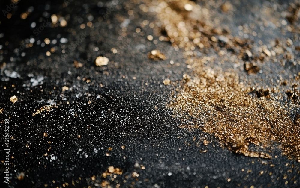 Macro shot of glittering gold dust particles scattered on a black surface Macro shot of glittering gold dust particles scattered on a black surface