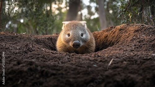 Wombat Vombatus ursinus phylum Chordata class Mammalia order Diprotodontia family Vombatidae peering out of burrow in the Australian bush soft light illuminating its fur and earthy textures photo