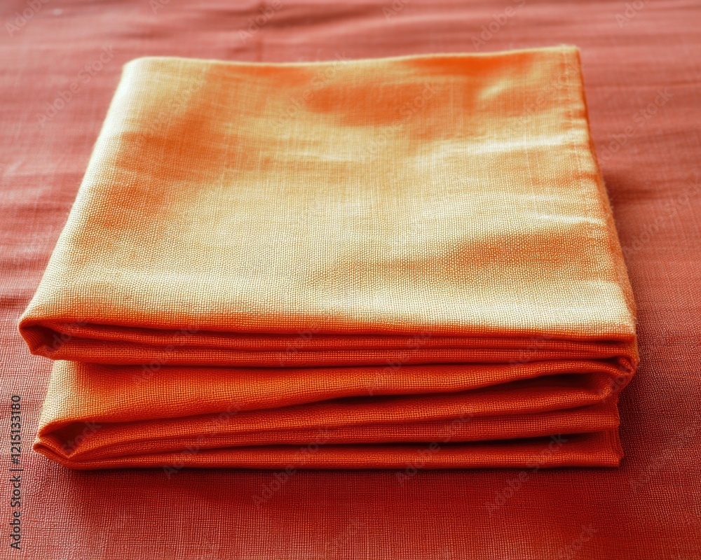 Stylish Folded Orange Napkin on Table - A Touch of Cotton Elegance for Dining Settings Stylish Folded Orange Napkin on Table - A Touch of Cotton Elegance for Dining Settings