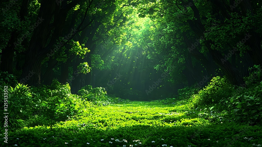 Obraz premium Serene Sunlight Filtering Through Lush Green Forest Canopy