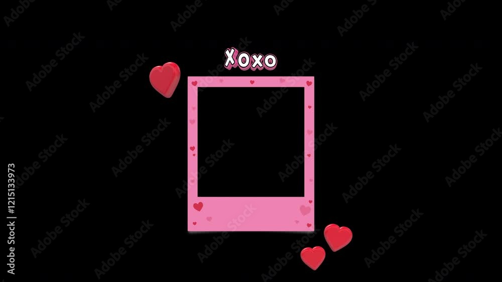 XOXO Valentine's Day Title Loop On Instant Photo Frame With 3D Floating Hearts On Alpha Background