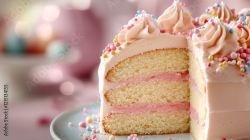 Pink Vanilla Cake with Sprinkles: A delectable three-layered vanilla cake, frosted with light pink buttercream and adorned with colorful sprinkles, is presented on a cake stand.