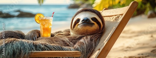 Sloth with a cocktail on the beach. Selective focus