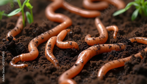 Close-up of earthworms on dark soil with young green seedlings in a garden