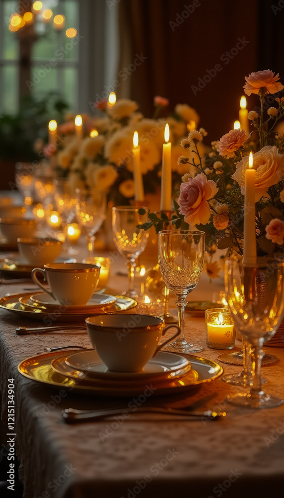 Warm candlelight illuminates a sophisticated Rococo-themed dinner table adorned with floral arrangements and vintage details. Warm candlelight illuminates a sophisticated Rococo-themed dinner table adorned with floral arrangements and vintage details.