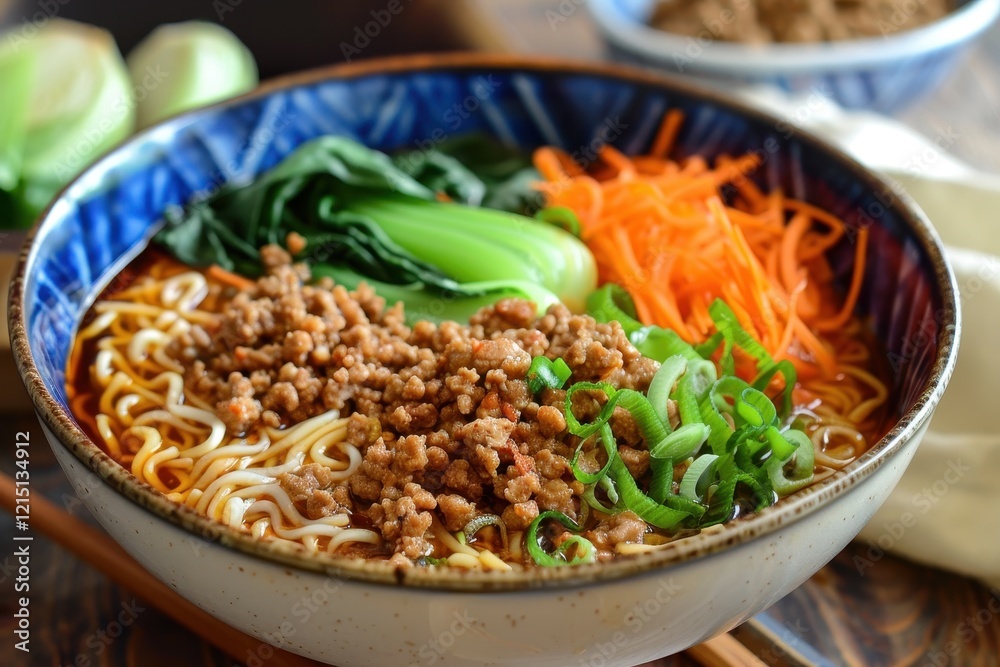 Delicious bowl of spicy noodles with ground meat, vegetables, and fresh greens served in a cozy kitchen setting during lunchtime Delicious bowl of spicy noodles with ground meat, vegetables, and fresh greens served in a cozy kitchen setting during lunchtime