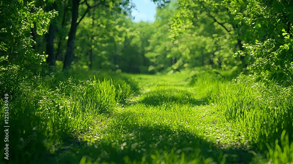 Lush Green Forest Pathway Surrounded by Vibrant Nature in Summer