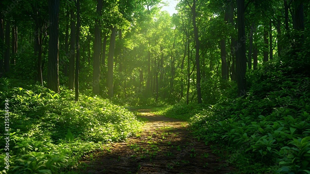 Obraz premium Serene Forest Pathway Surrounded by Lush Greenery and Sunlight