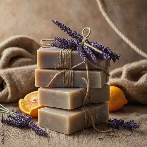 A stack of handmade soaps tied with jute rope, with natural ingredients like lavender and citrus blurred in the background. photo