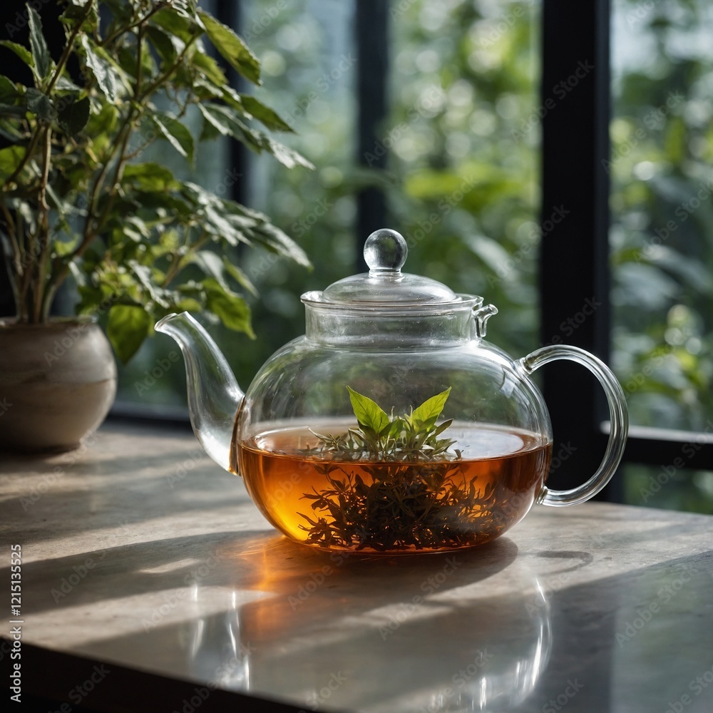 A side view of a transparent teapot filled with herbal tea, reflections of leaves visible in the glass. A side view of a transparent teapot filled with herbal tea, reflections of leaves visible in the glass.