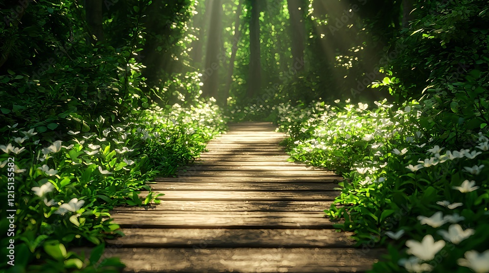 Obraz premium Serene Forest Pathway Surrounded by Lush Greenery and Flowers