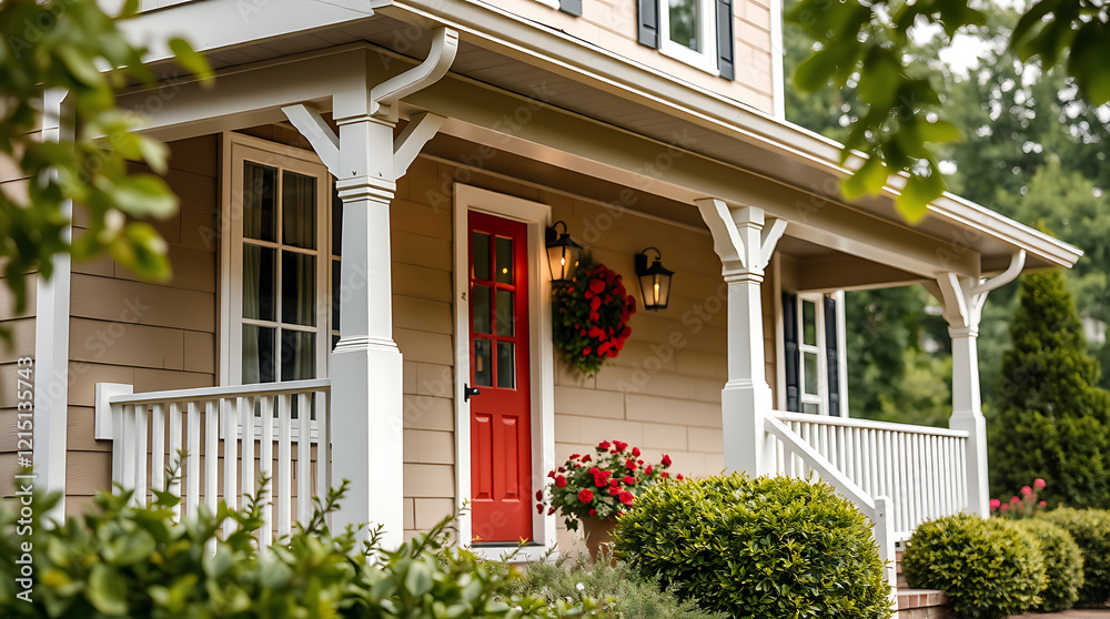 Fototapeta premium Charming Red Door Home Exterior with White Columns and Lush Landscaping. Perfect for real estate listings or home decor inspiration.