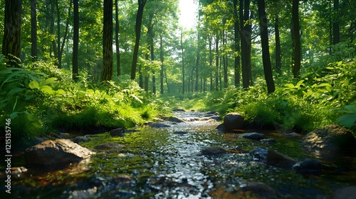 Serene Forest Stream with Lush Green Foliage and Bright Sunlight