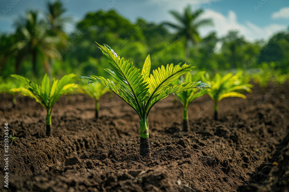 Newly planted palm saplings grow in a lush tropical landscape under a clear blue sky Newly planted palm saplings grow in a lush tropical landscape under a clear blue sky