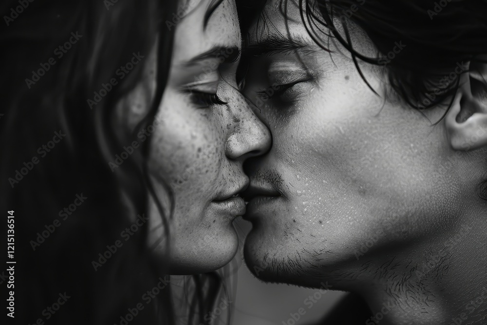 Couple sharing a tender moment in intimate black and white close-up, capturing emotions and connection in a softly lit setting