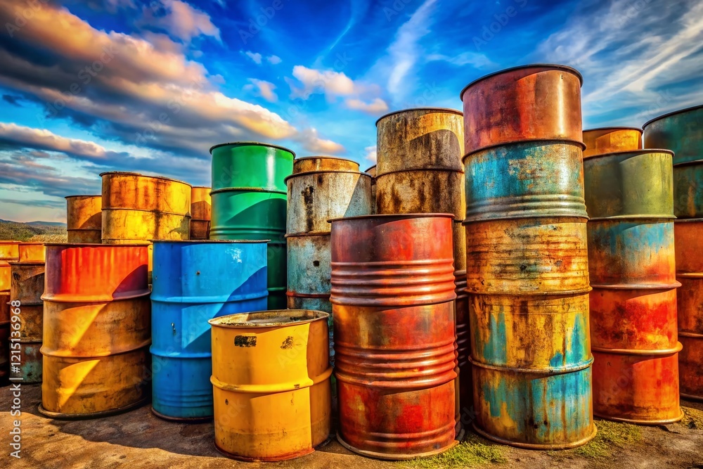 Industrial Metal Barrels: Storage, Transportation & Recycling Set Industrial Metal Barrels: Storage, Transportation & Recycling Set