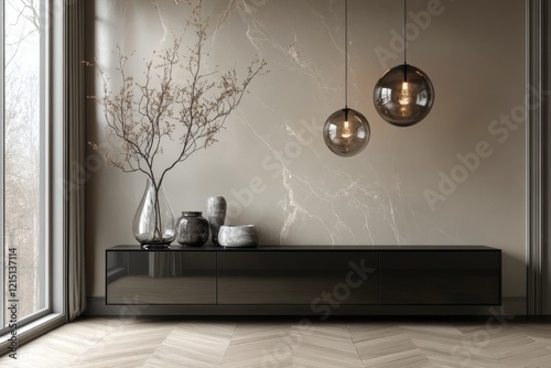 Modern Minimalist Living Room Design Elegant Black Console, Marble Wall,  Glass Pendant Lights