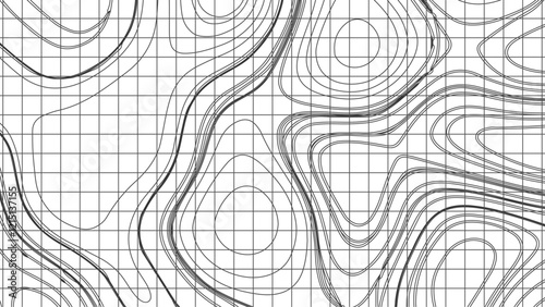 Topographic map contours in hilly or mountainous terrain, similar cartography illustration. Topography and geography map grid abstract backdrop.
