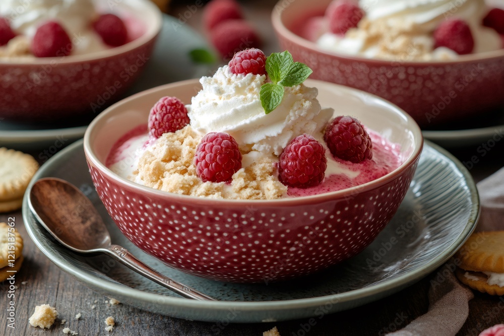 Delicious raspberry dessert with whipped cream and crumbled biscuits in a bowl Delicious raspberry dessert with whipped cream and crumbled biscuits in a bowl