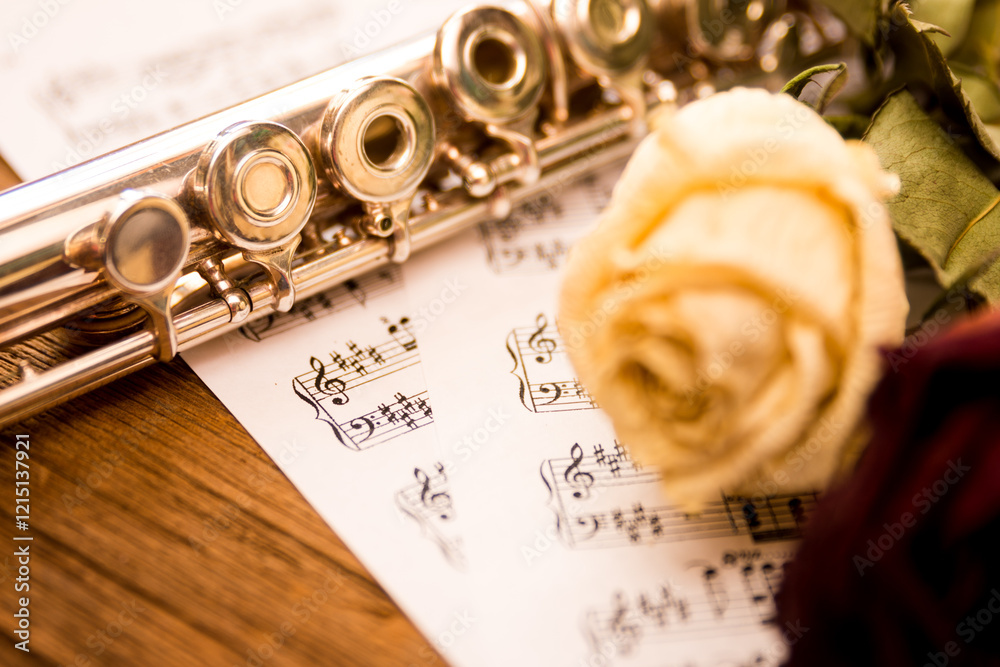 Naklejka premium a flute and dried roses on music