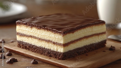 Chocolate Cheesecake Slice on Wood Board photo